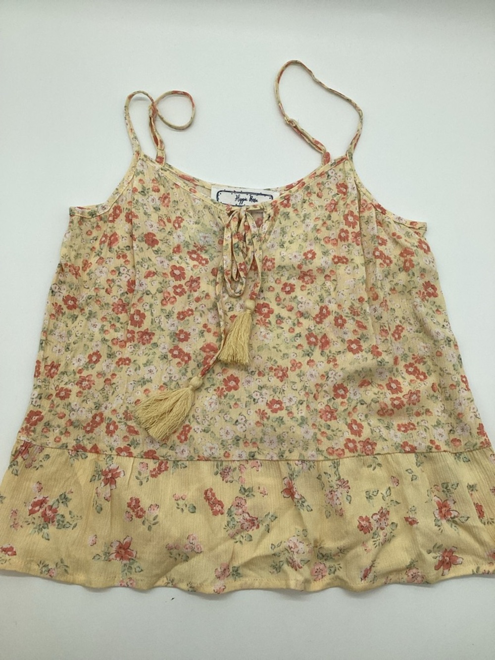 Hippie Rose Yellow Floral Tassel Tie Camisole with Red & Pink Flowers NWT